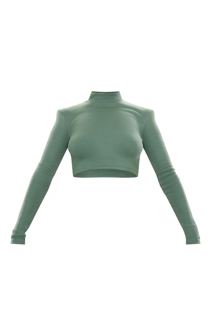 Forest Green Ribbed Basic High Neck Long Sleeve Crop Top image 5