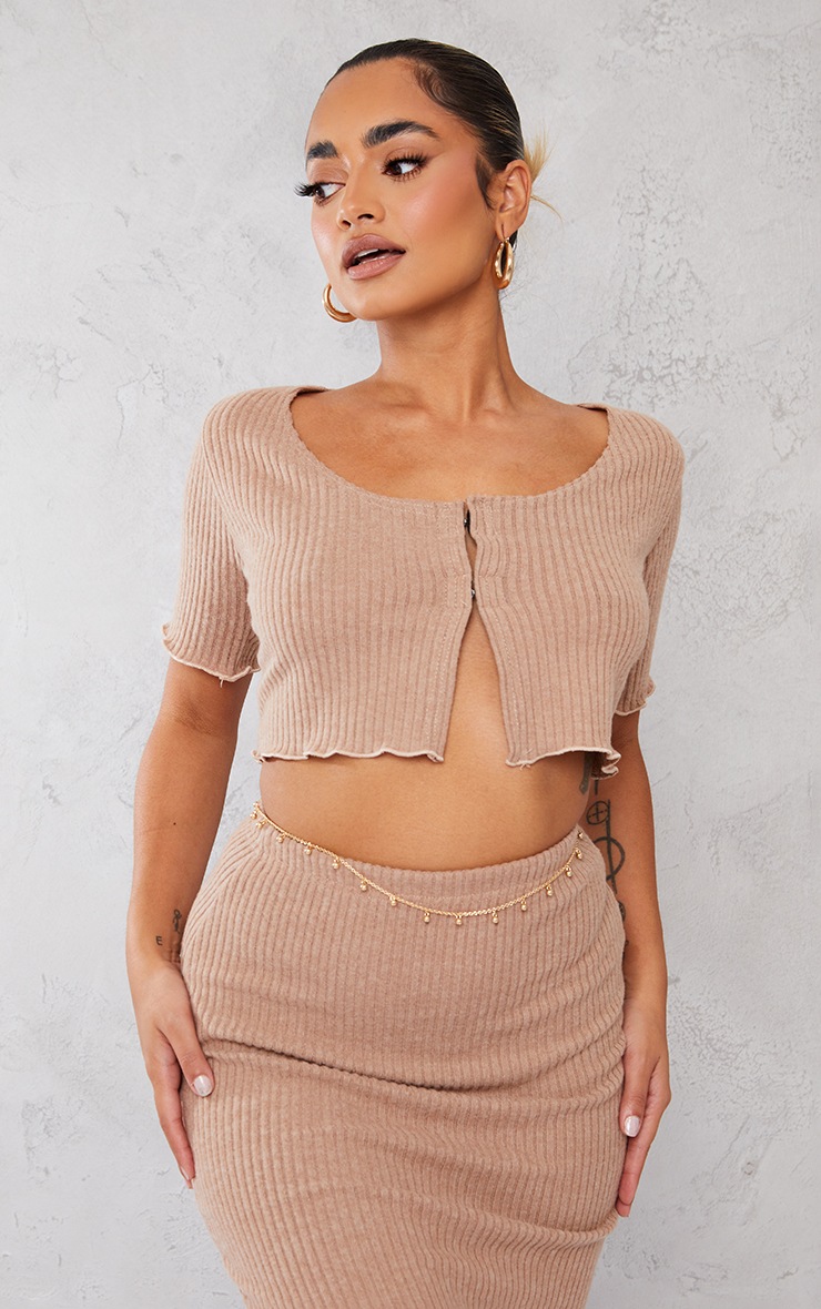 Petite Stone Brushed Rib Tie Crop Top