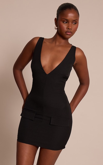 Black Woven V Neck Mini Dress