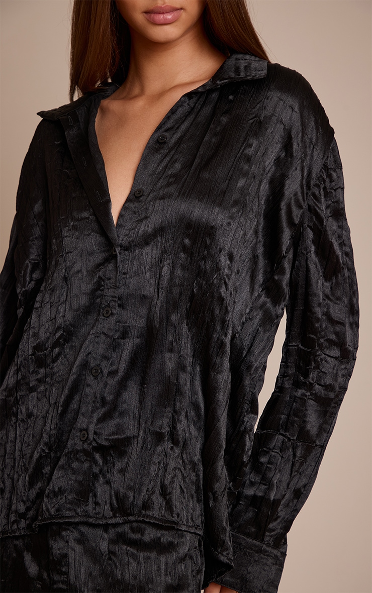 Black Textured Satin Oversized Shirt image 4