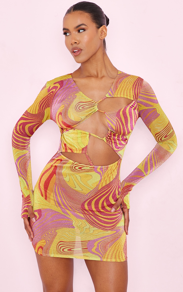 Multi Swirl Print Glitter Mesh Cut Out Bodycon Dress image 1