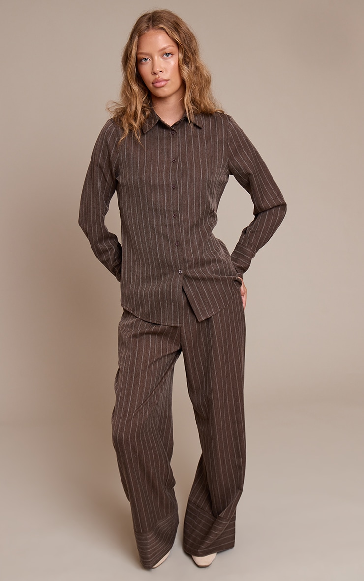 Brown Pinstripe Woven Asymmetric Button Shirt image 3