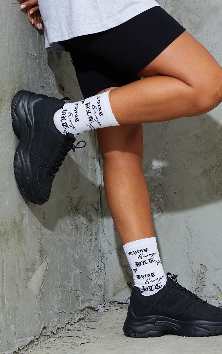 PRETTYLITTLETHING White Multi Gothic Font Ankle Socks