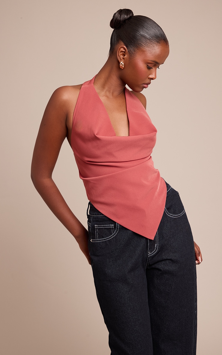 Dusty Rose Woven Halterneck Cowl Long Top image 1