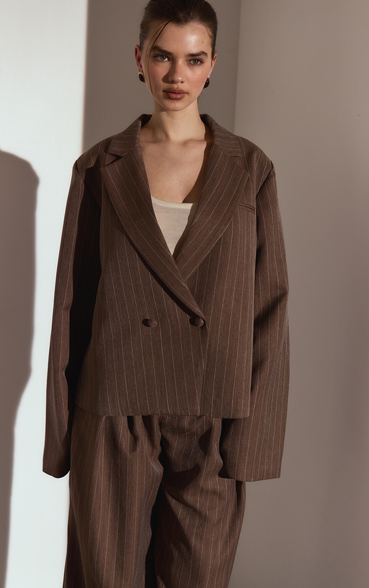 Chocolate Brown Pinstripe Boxy Blazer image 2