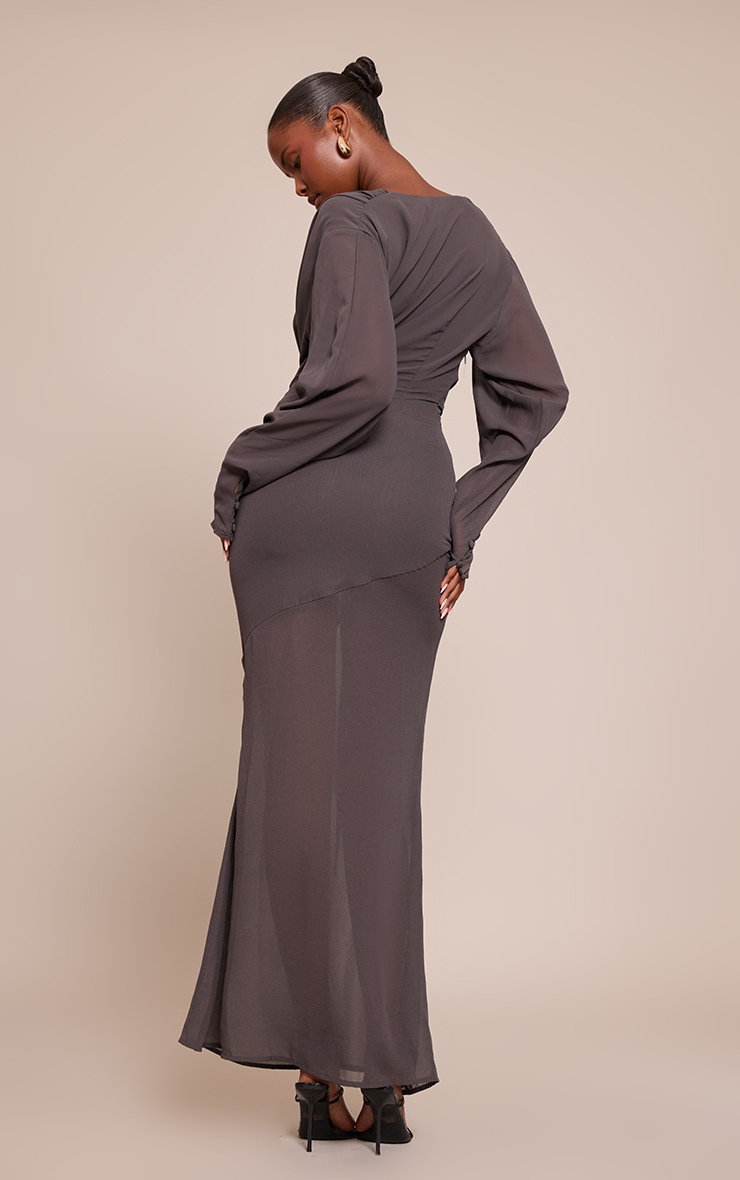 Grey Chiffon Extreme Cowl Neck Long Sleeve Maxi Dress image 2