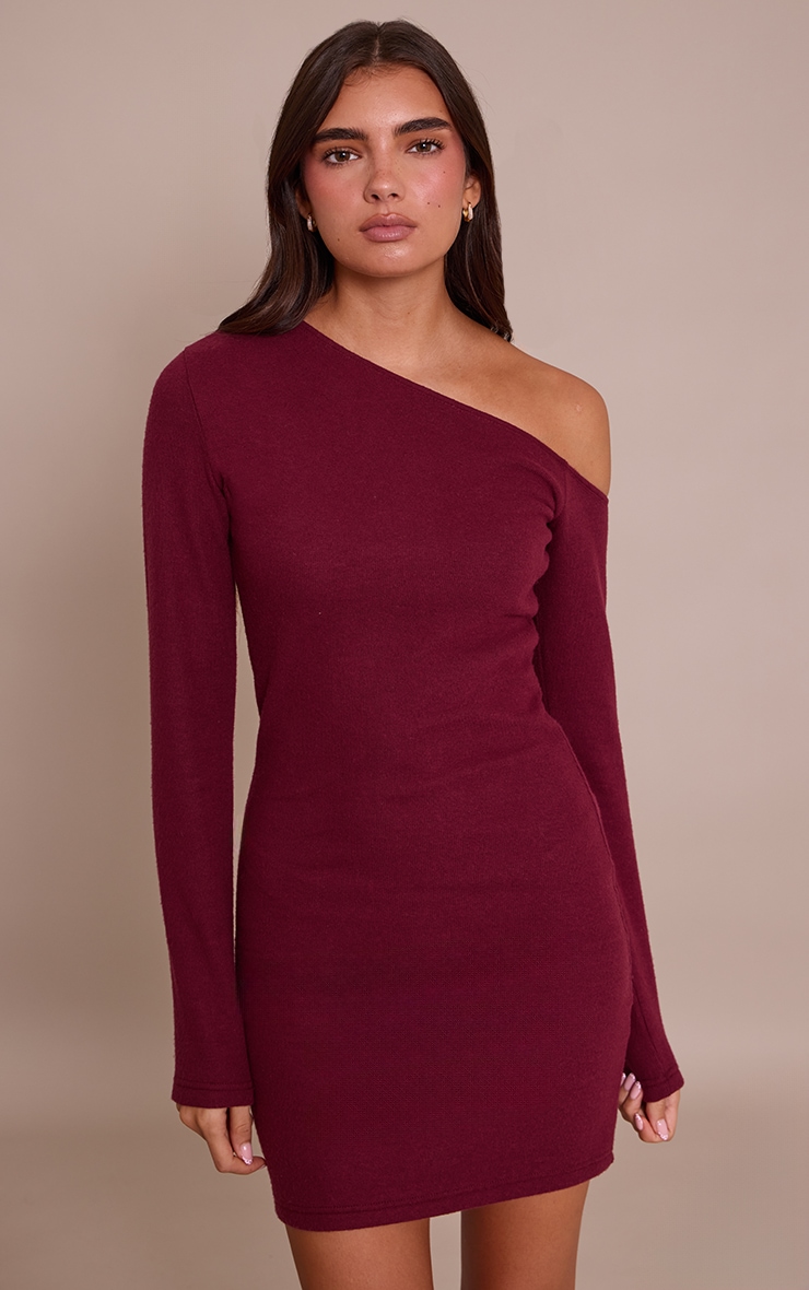 Robe moulante asymétrique très douce prune à manches longues image 1