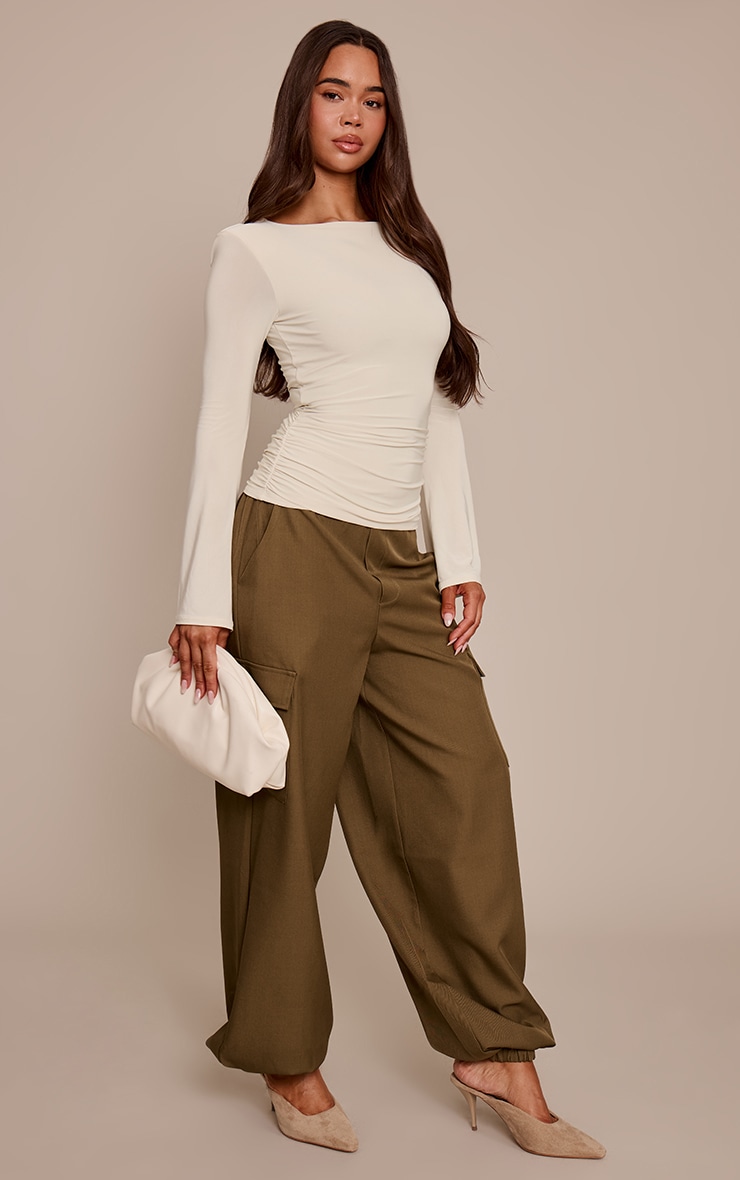 Cream Double Layer Slinky Shoulder Detail Long Sleeve Top image 3