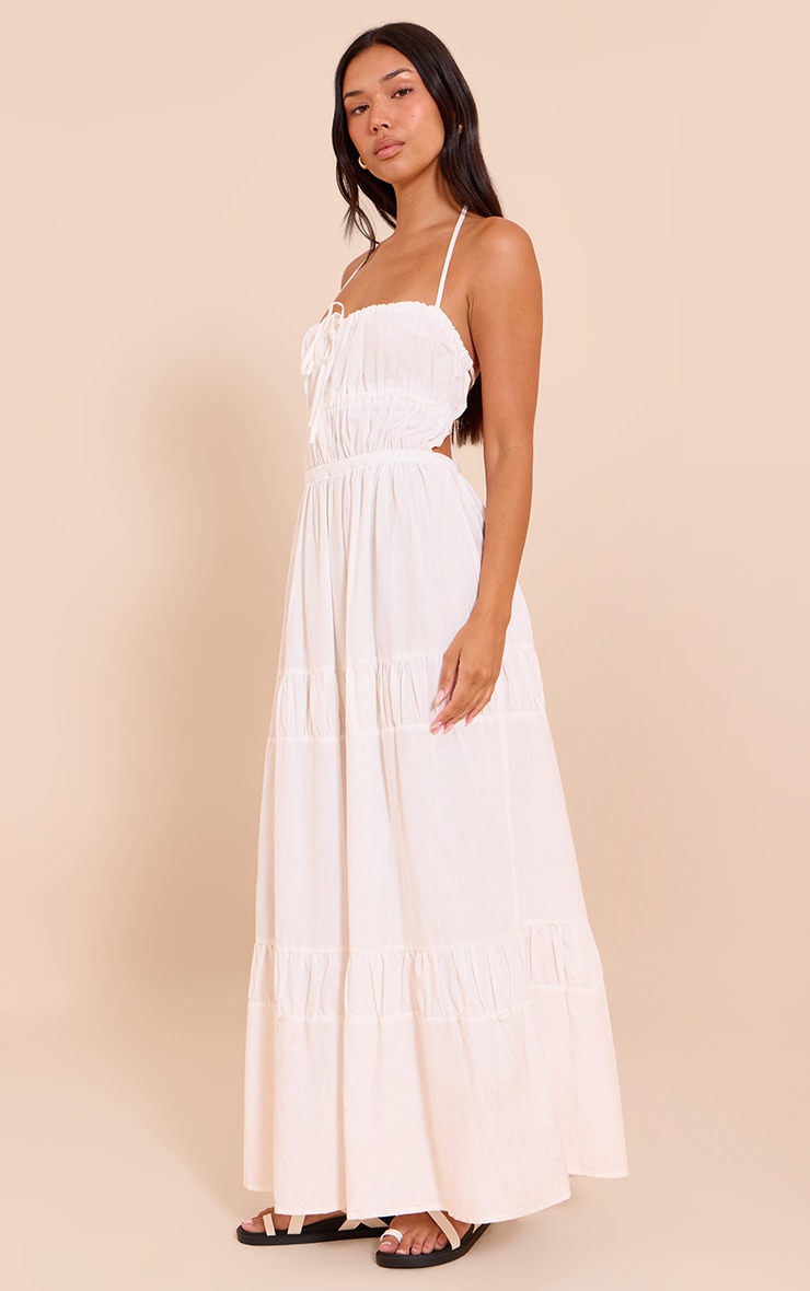 White Ruched Backless Strappy Maxi Dress image 3