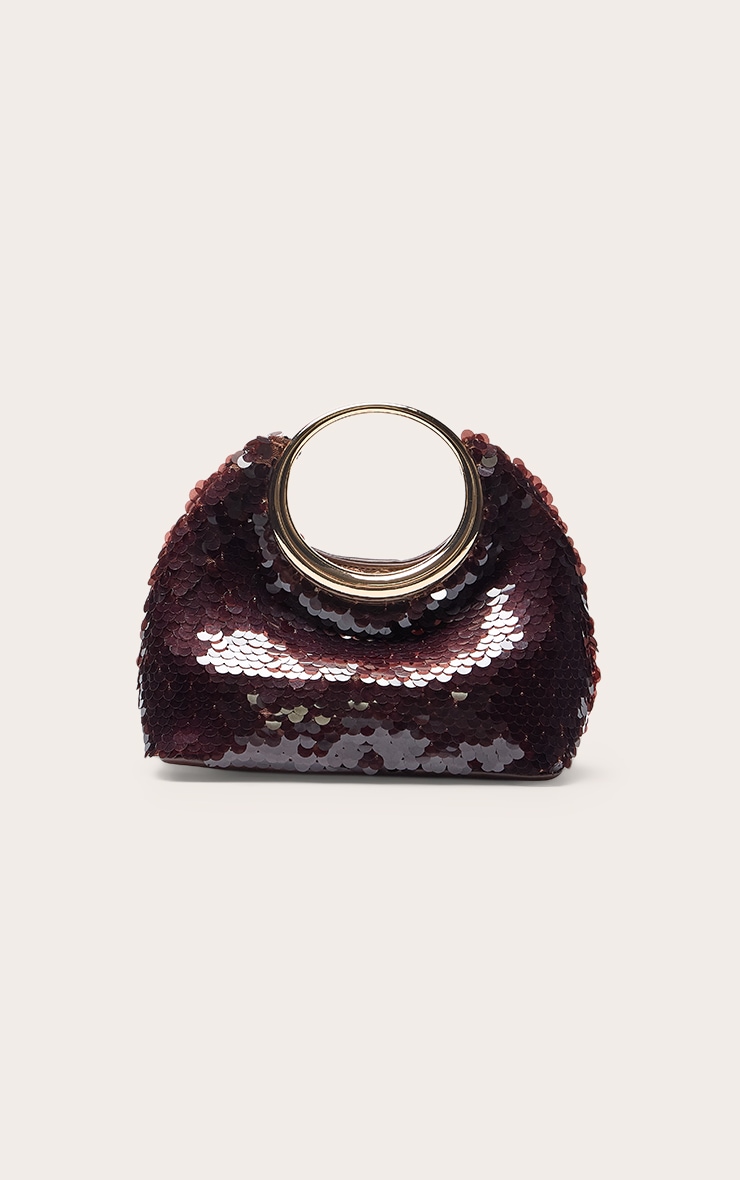 Chocolate Sequin Grab Handle Clutch Bag image 4