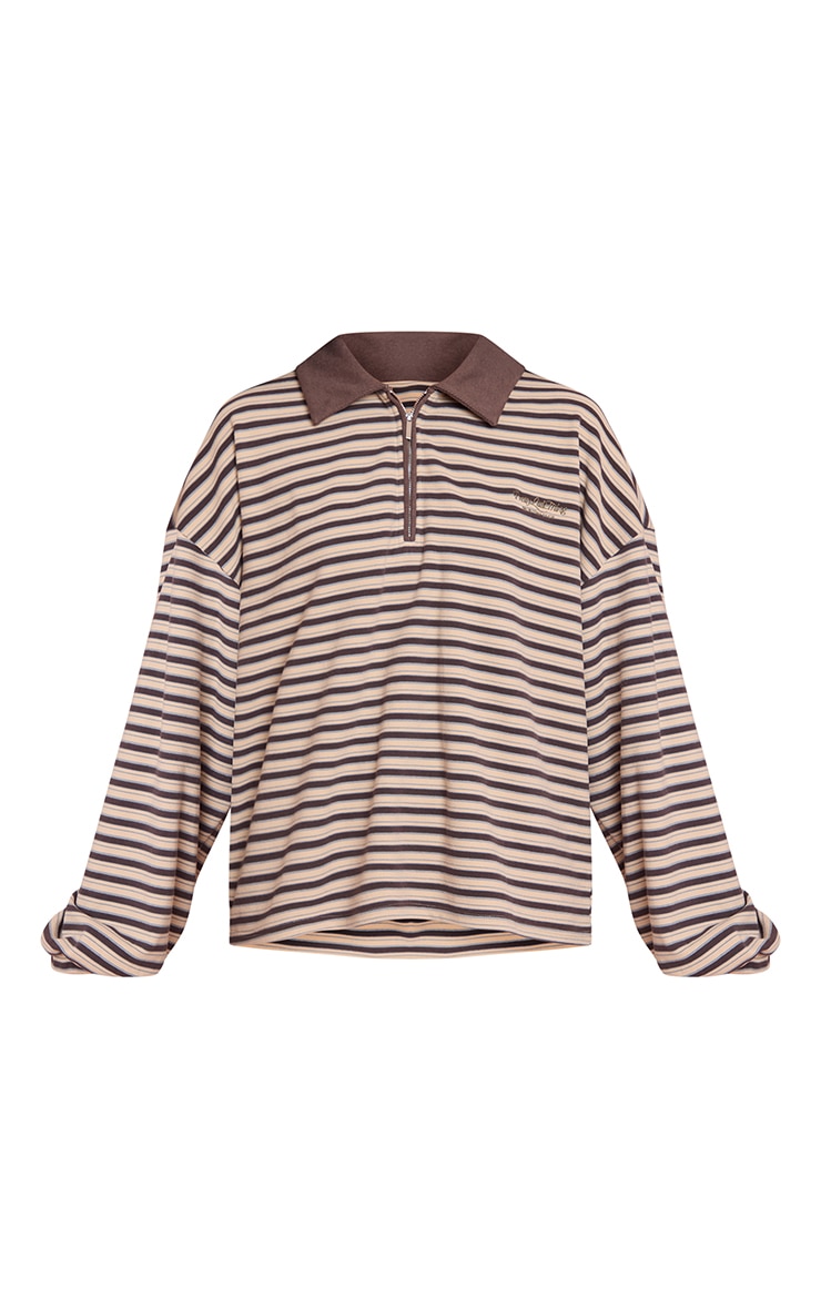 Sweat polo en polaire douce marron à rayures et quart de zip image 5
