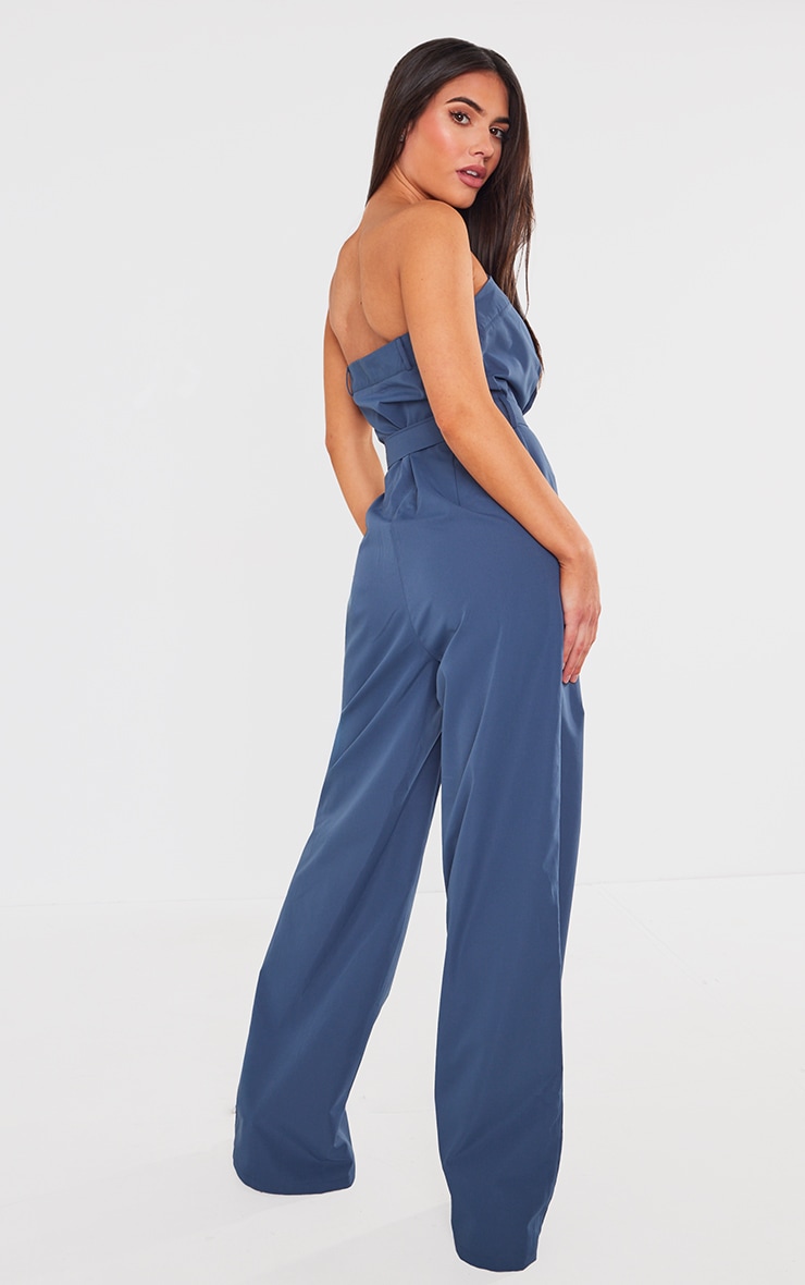 Dark Blue Woven Belted Bandeau Wide Leg Jumpsuit image 2