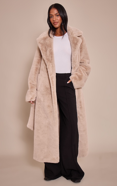 Tall Taupe Faux Fur Tie Waist Maxi Coat