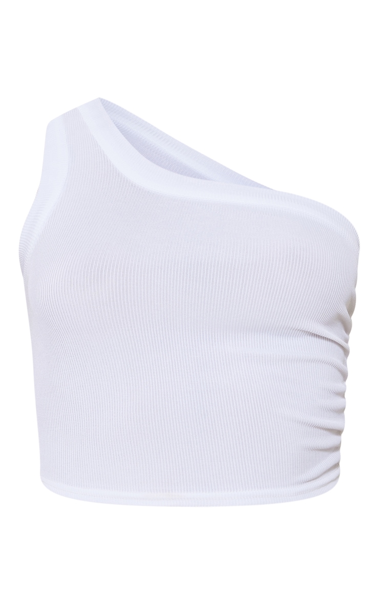 White Rib One Shoulder Ruched Crop Top image 5