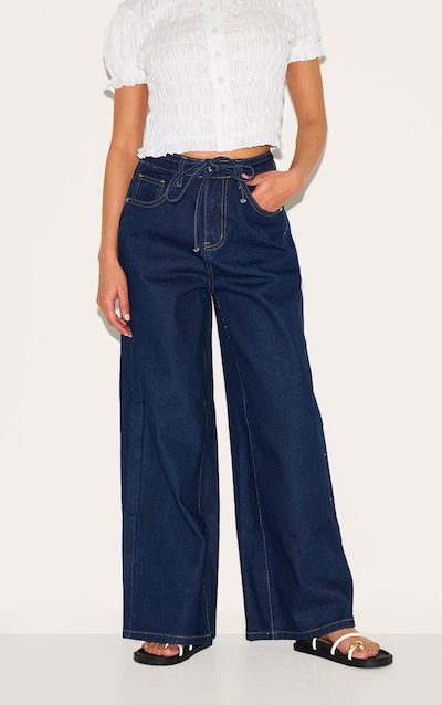 Petite Dark Indigo Wide Leg Jean With Adjustable Waist Tie