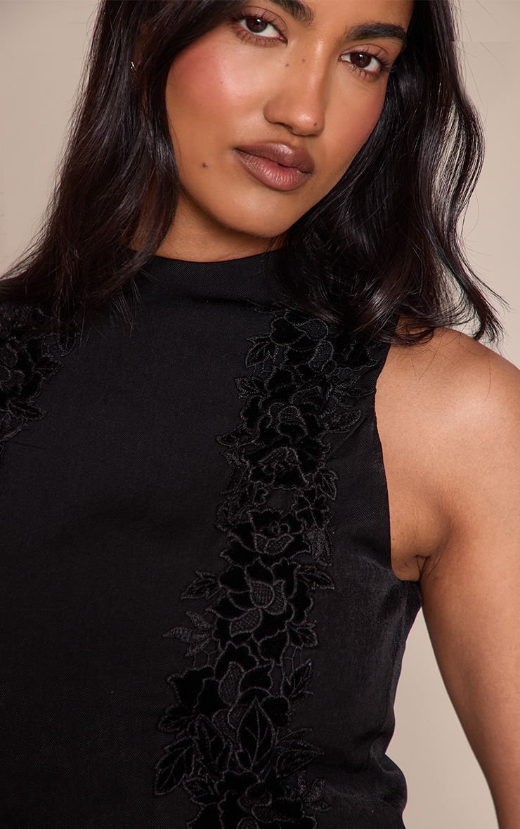 Black Woven Floral Velvet High Neck Top  image 4