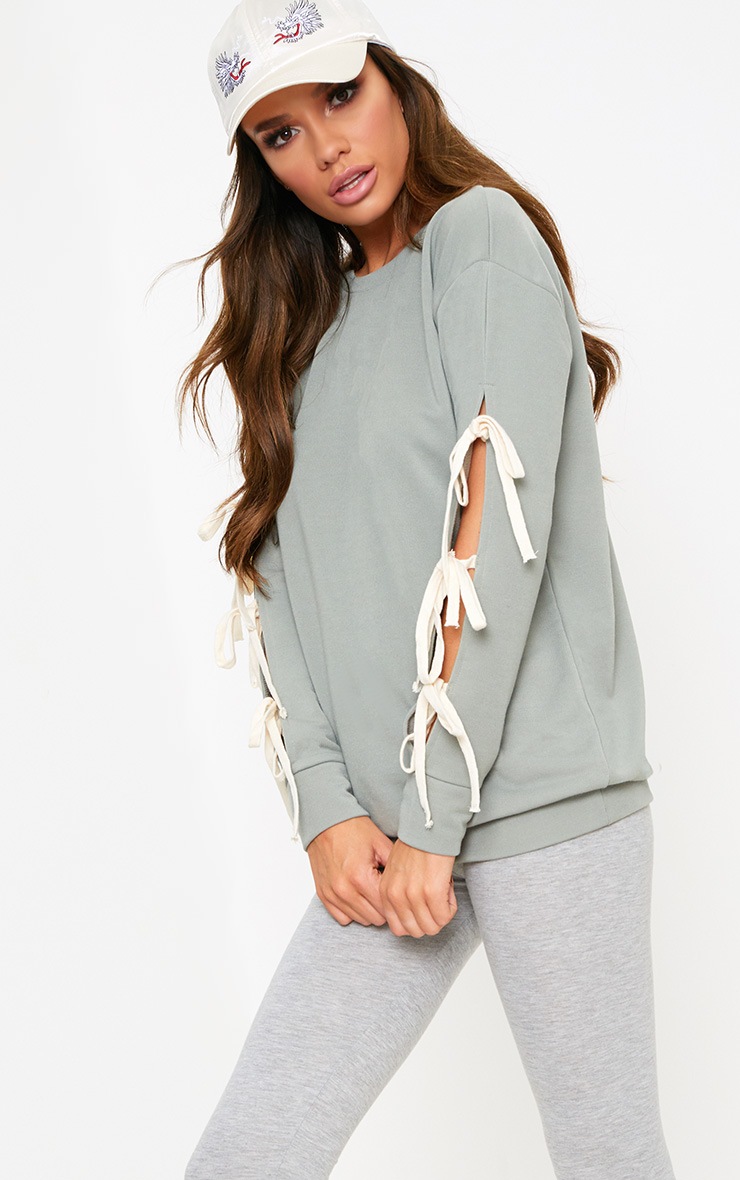 Sage Green Bow Tie Sleeve Sweater Tops PrettyLittleThing USA