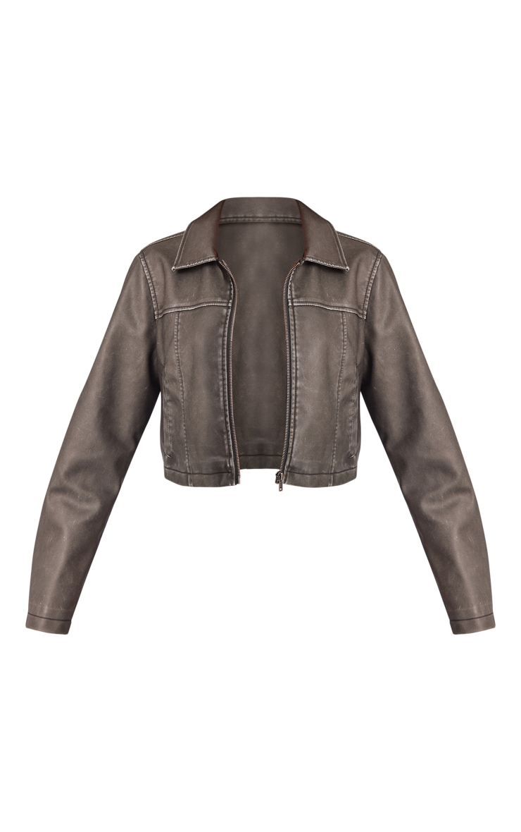 Charcoal Grey Distressed Boxy Cropped PU Jacket | Outerwear