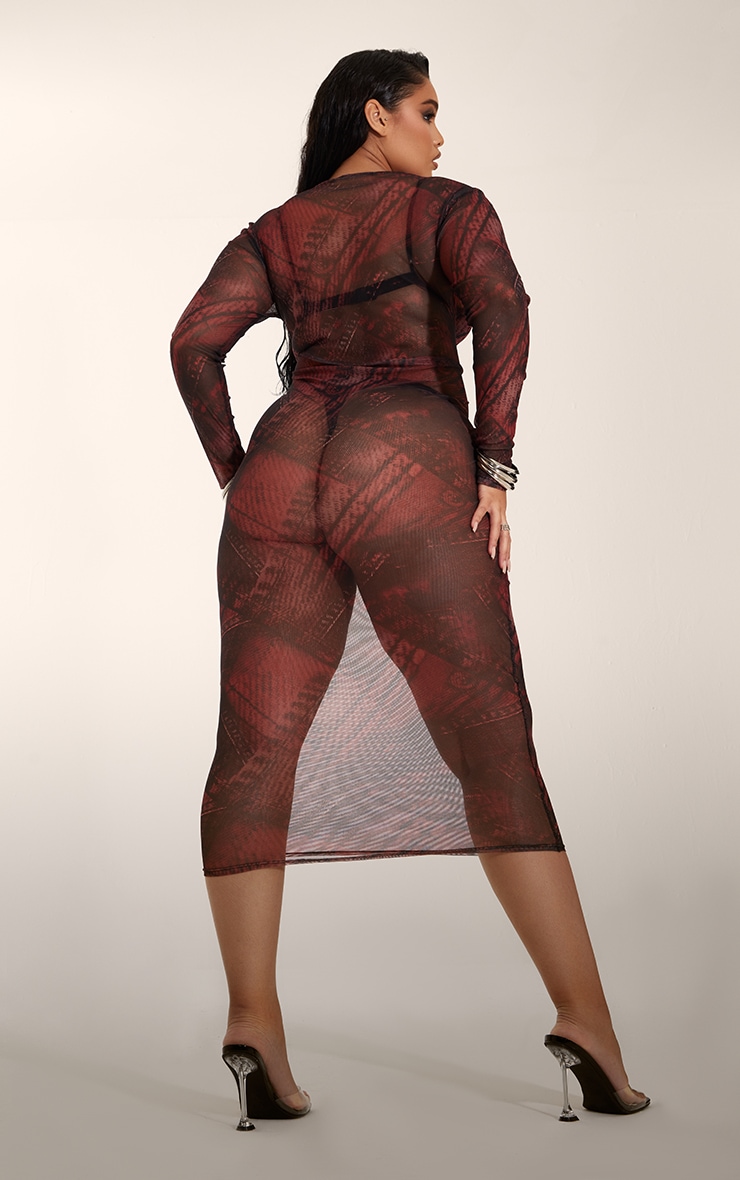 Plus Burgundy Denim Print Mesh Midaxi Dress image 2