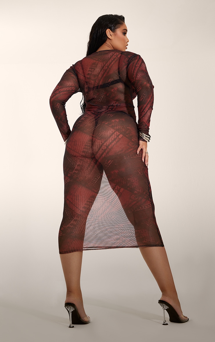  Plus Burgundy Denim Print Mesh Midaxi Dress image 2