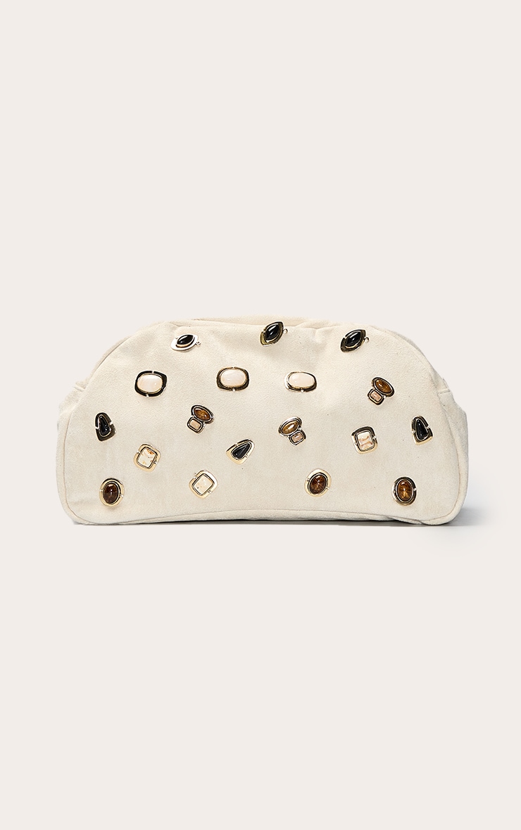 Cream Faux Suede Dome Stud Clutch Bag image 2