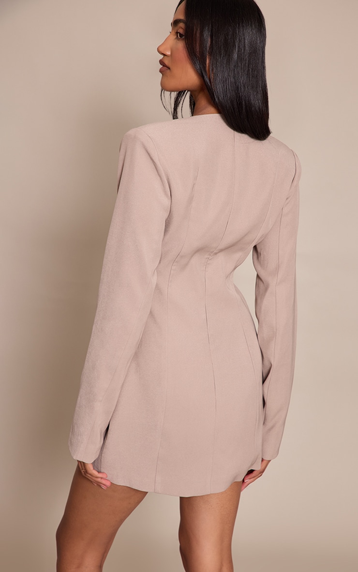 Grey Woven V Neck Long Sleeve Mini Dress image 2