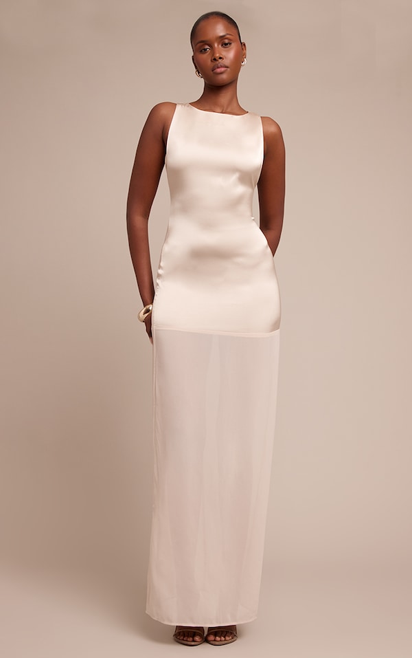 Stone Satin Boat Neck Chiffon Detail Maxi Dress