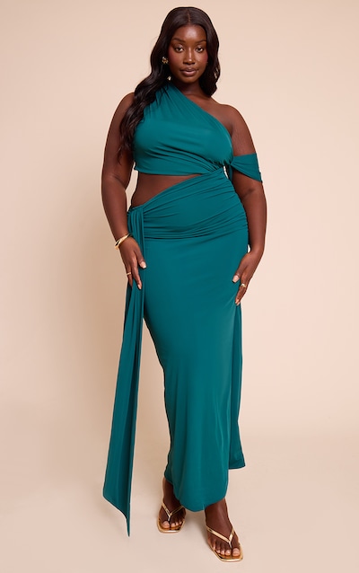 Plus Teal Soft Touch Ruched Asymmetric Cut Out Maxi Dress