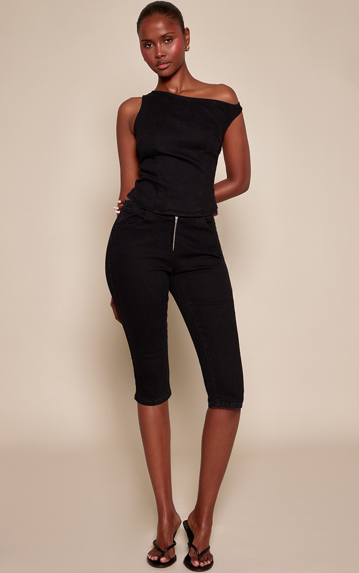 Black Denim Asymmetric Sleeveless Top image 3