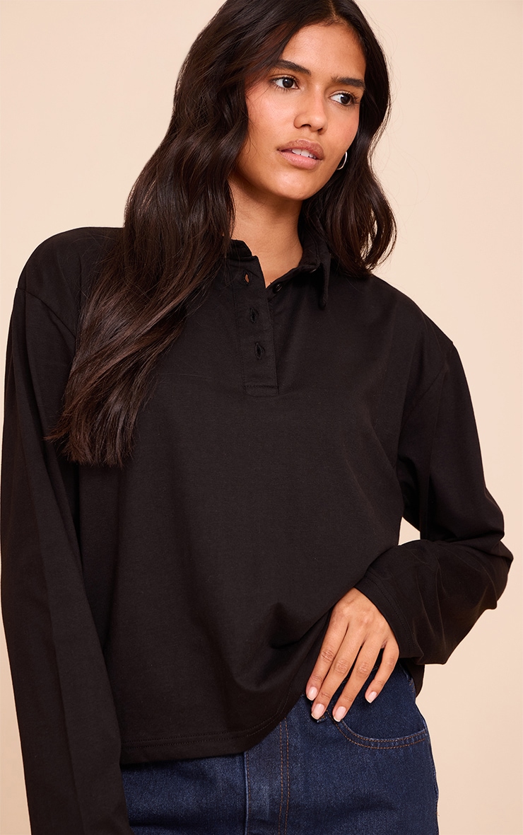 Black Cotton Collar Detail Long Sleeve Top image 4