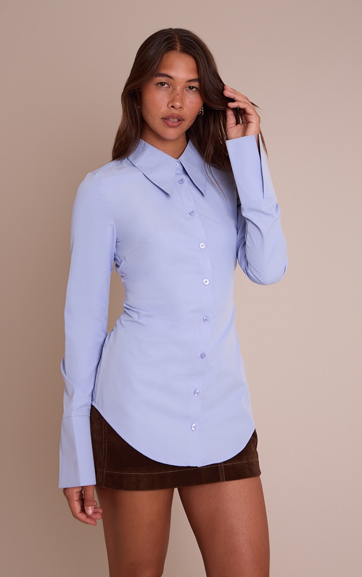 PLT Label Blue Oversized Collar Button Down Fitted Shirt