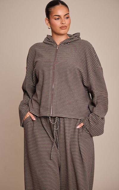 Plus Dark Green Striped Soft Fleece Zip Up Hoodie