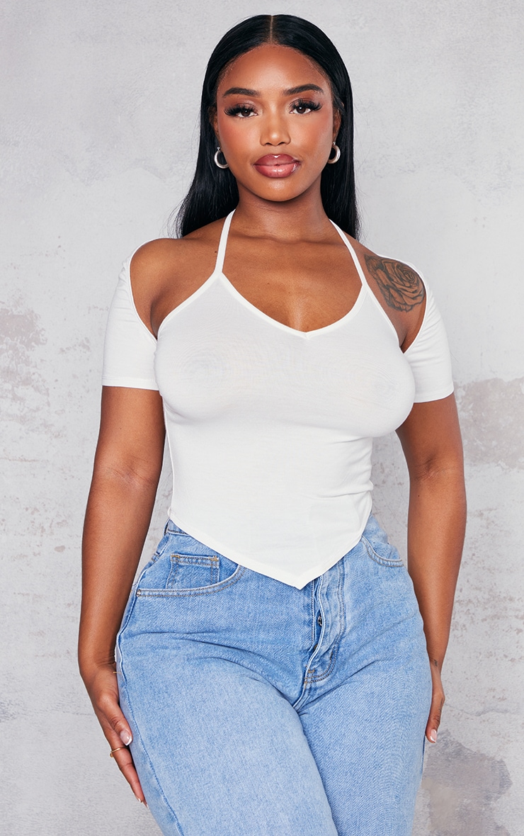 Shape White Jersey Halterneck Short Sleeve Crop Top