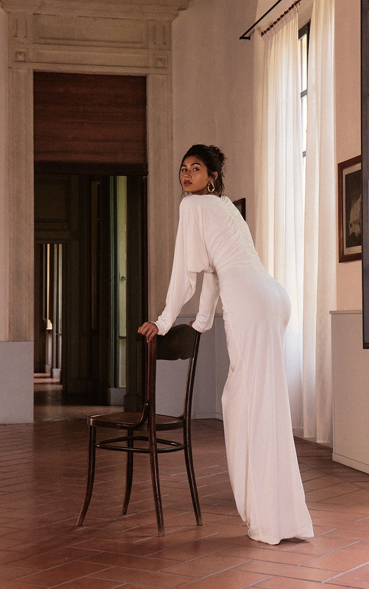 PLT Label White Slinky Ruched Plunge Batwing Maxi Dress image 2