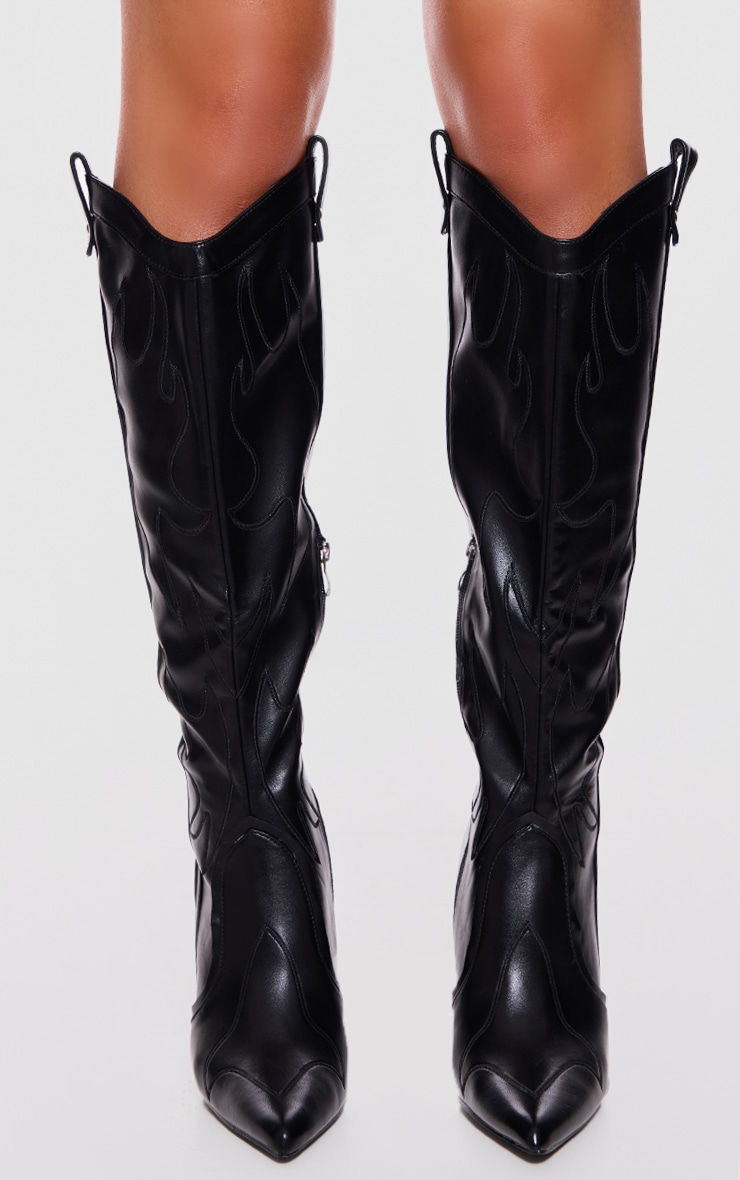 Black PU Point Toe Western Stiletto Heeled Knee High Boots image 2