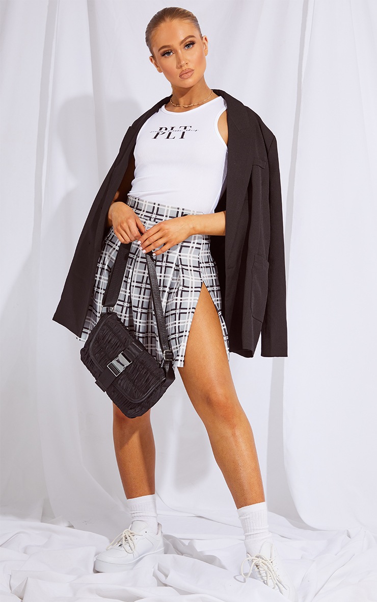 Light Grey Check Pleated Side Split Tennis Skirt