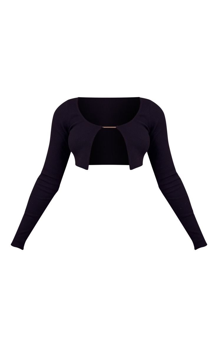 Black Rib Hardware Fastened Long Sleeve Crop Top image 5