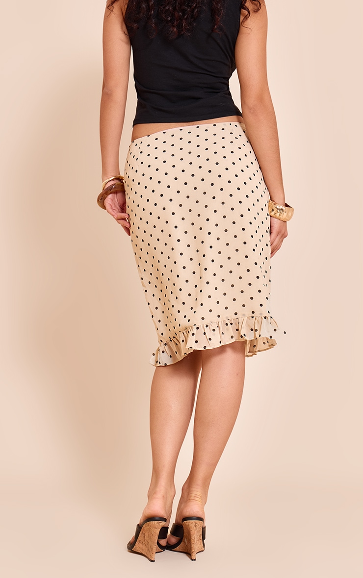 Beige Polka Dot Chiffon Ruffle Hem Midi Skirt image 3