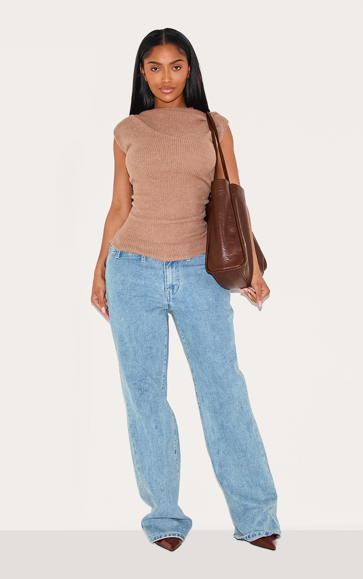 Shape Taupe Brushed Rib Ruched Boat Neck Top image 3