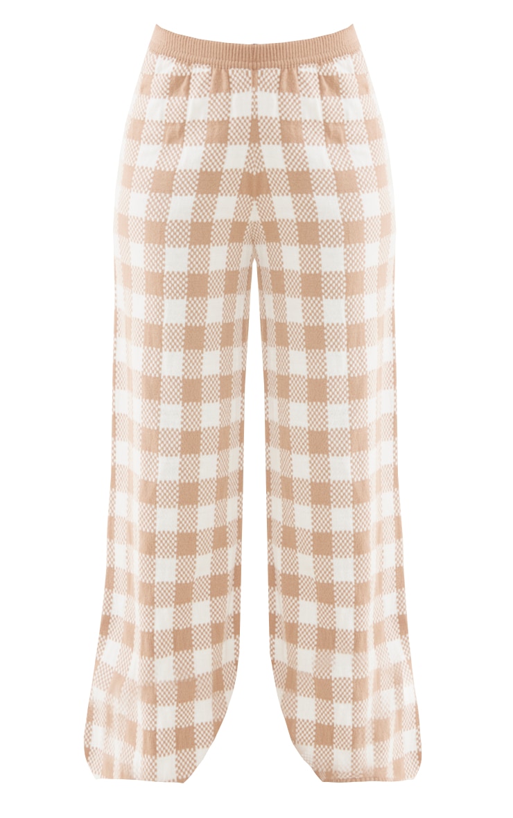 Mocha Check Print Twide Leg Knit Trousers image 5