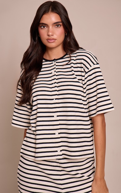 Cream Stripe Rib Button Up Top