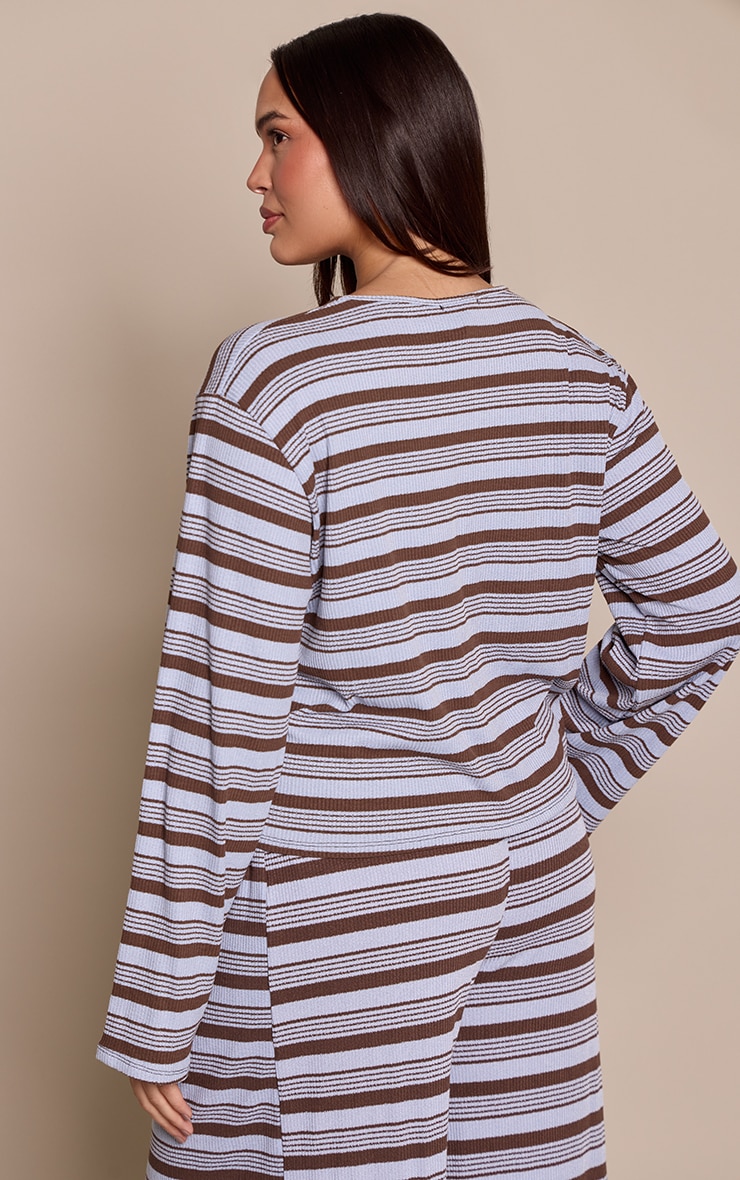 Plus Blue Textured Stripe Detail Long Sleeve Top image 2