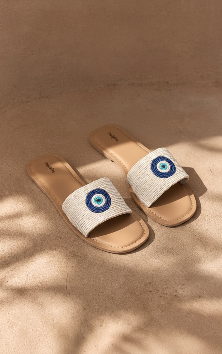 White Evil Eye Embellished Mule Flat Sandals
