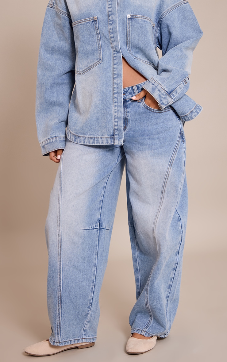 Petite Mid Blue Seam Detail Barrel Jeans image 2