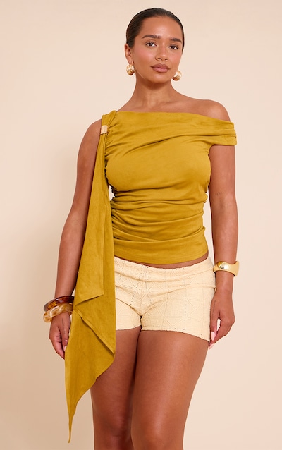 Shape Olive Faux Suede Off Shoulder Gold Trim Drape Top