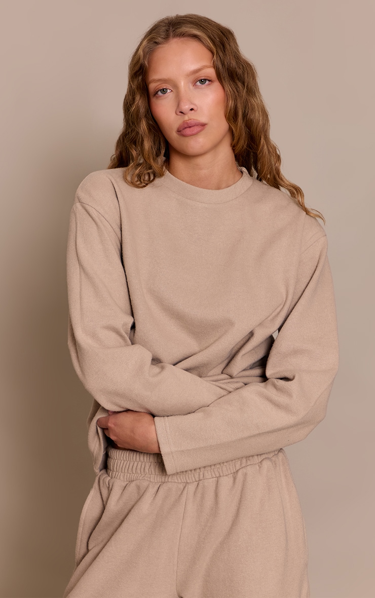 Sweat brossé côtelé taupe à manches longues image 1