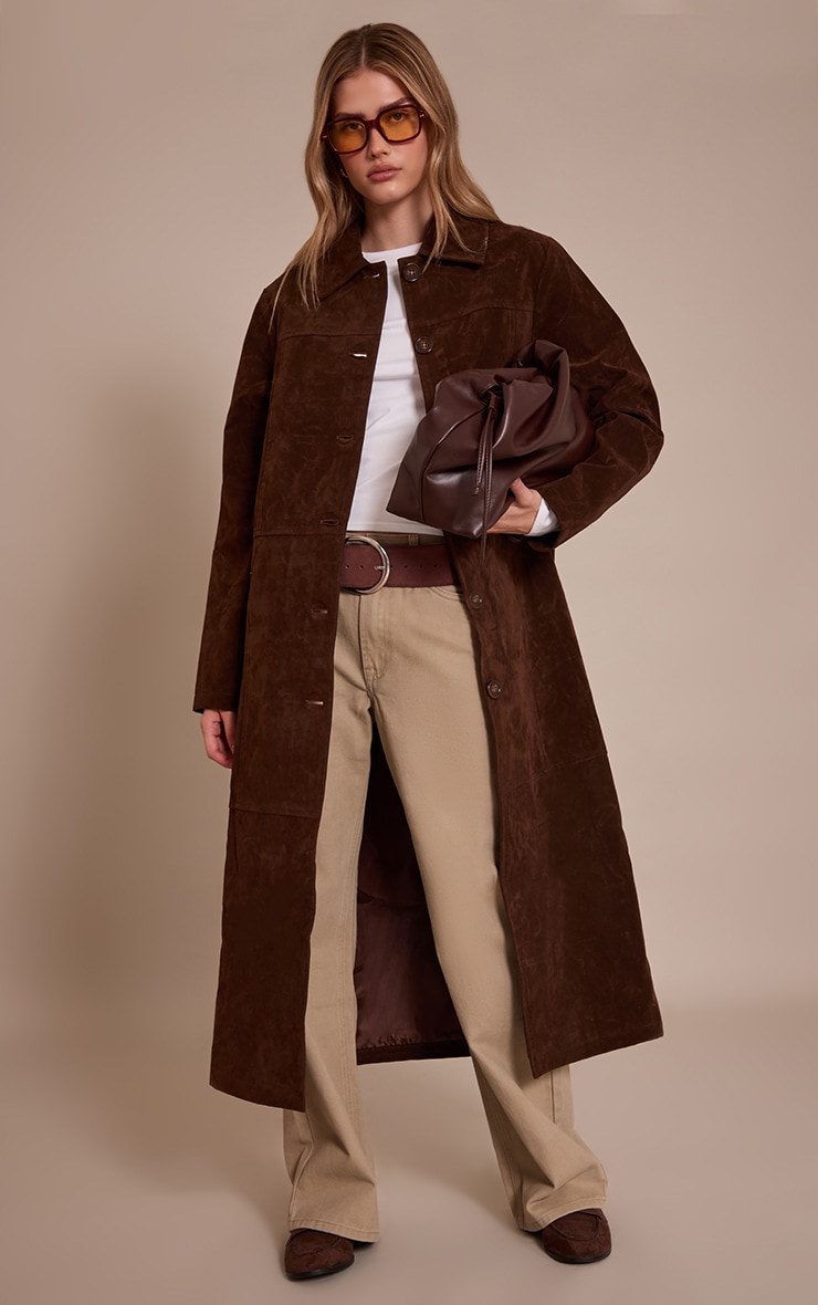 Chocolate Suede Longline Button Coat