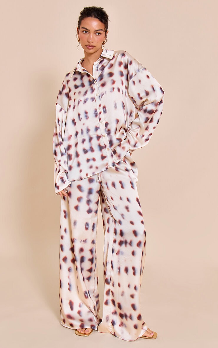 Cream Shell Printed Satin Wide Leg Pants image 1