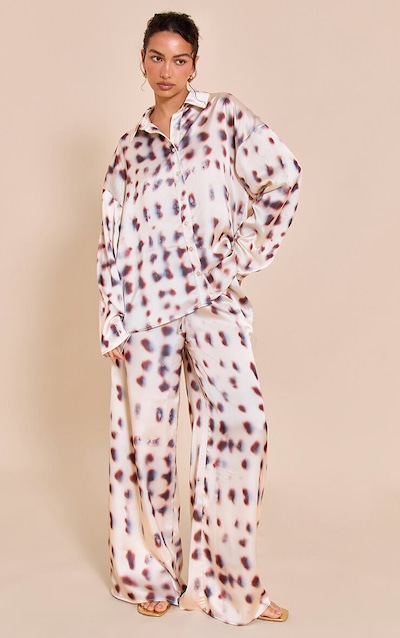 Cream Shell Printed Satin Wide Leg Pants