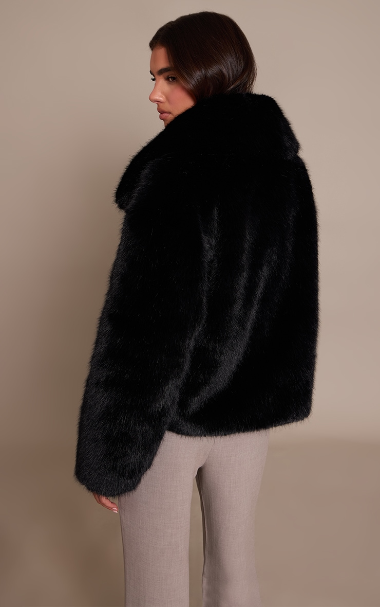 Black Faux Fur Short Shawl Collar Coat image 2